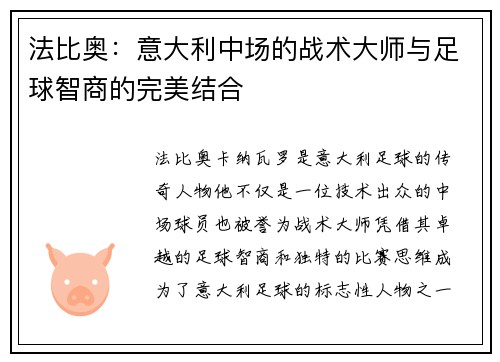 法比奥：意大利中场的战术大师与足球智商的完美结合